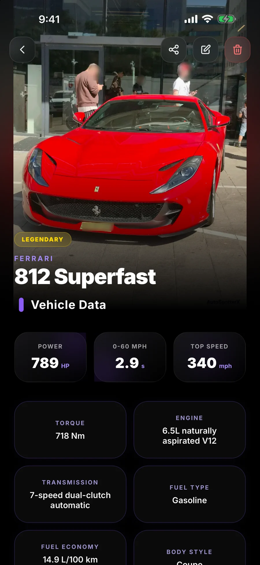AutoSpotterX vehicle detail screen showing a red Ferrari 812 Superfast and its specifications